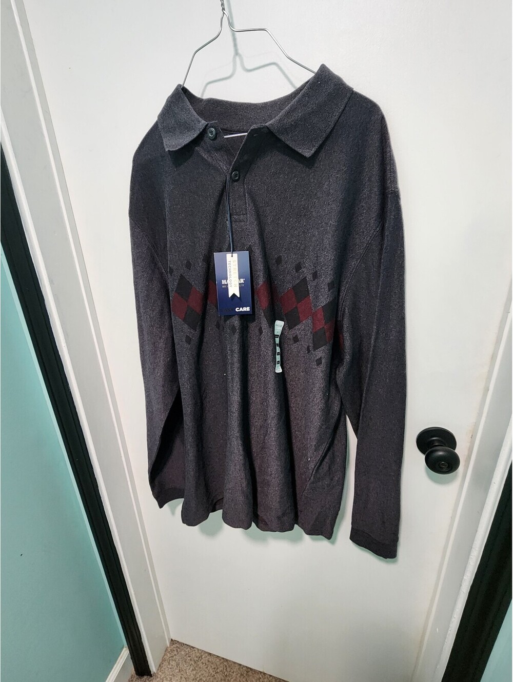Haggar Black Argyle Chest Stripe Long Sleeve Polo Sweater